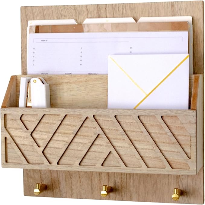BLU MONACO Wall-Mounted Mail and Key Holder – Natural Wood 2-Tier Letter Organizer with 3 Hooks | Entryway Command Center for Mail, Keys, and Documents