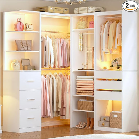 Large Corner Closet System Set with 6 Drawers & Shelves, 100'' Reversible Closet Organizer System with LED Lights & 8 Jewelry Hooks & Glasstop, Walk-in Closet with 4 Hanging Rods, L Shaped/Straight