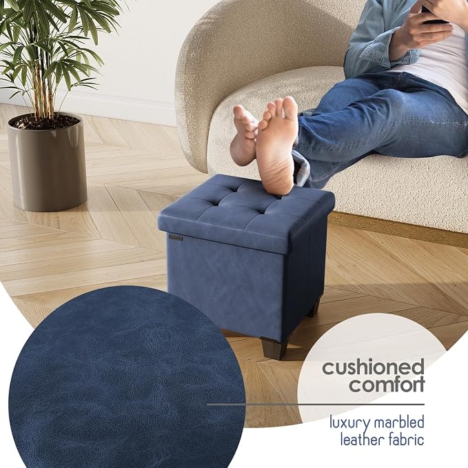 Storage Ottoman Cube with Small Bin, 15-in Square Ottoman with Storage for Living Room and Bedroom, Small Ottomans Foot Rest, Leather Foot Stools Ottomans Max 330lbs, Blue
