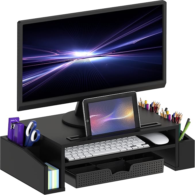 Simple Houseware Desk Monitor Stand Riser w/ Adjustable Tray, Black | Built-In Tablet Slot and Side Storage