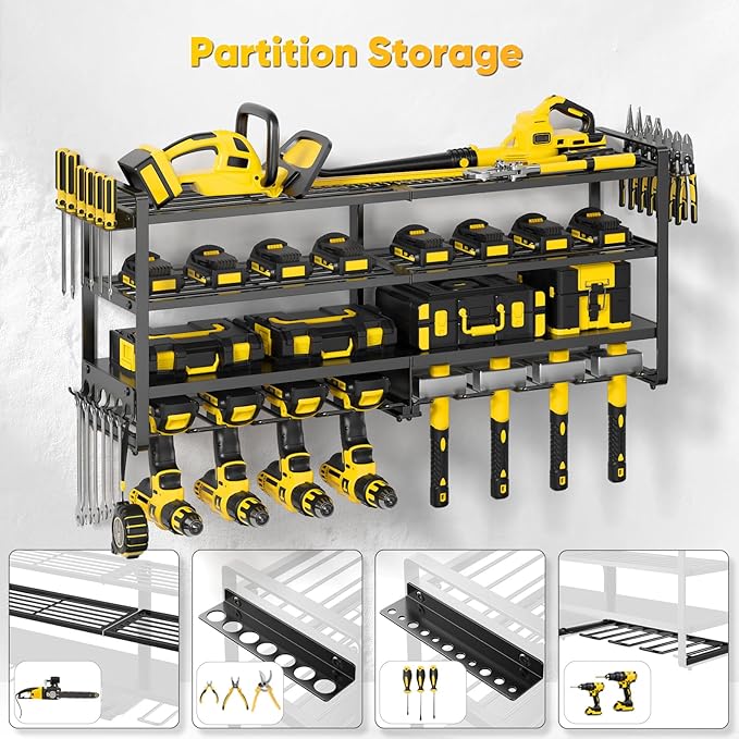 POKIPO Large Power Tool Organizer Wall Mount,4 Layers Heavy Duty Metal Loads 400lbs,Power Tool Shelf Battery Storage with 8 Cordless Drill Holder,Utility Racks for Garage Workshop