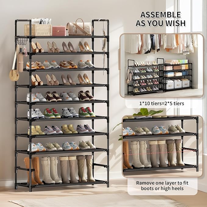 Shoe Rack, 10 Tier Shoe Storage Organizer with Hooks,Fit 40-45 Pairs Shoes,Nonwoven Fabric Tall Shoe Shelf for Closet,Entryway, Hallway,Garage,Bedroom,Cloakroom