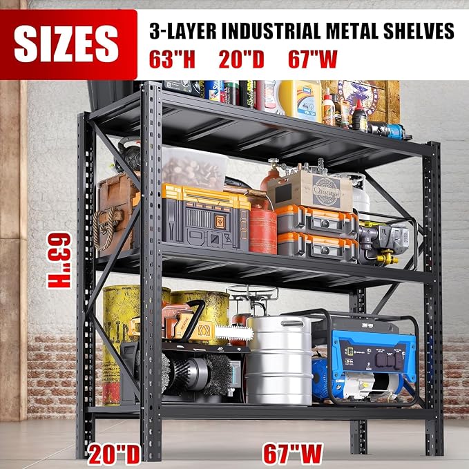 2pack Storage Shelves 67” W Heavy Duty Adjustable Metal Garage Shelving Unit Rack Metal Storage Shelf for Heavy Garage Tools, Ideal for Garage, Basement, Black, 67" W X 20" D X 63" H