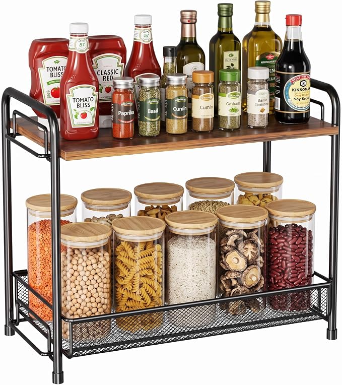 Spice Rack Organizer for Countertop with Wood Top, 2-Tier Foldable Metal Rust-Proof Standing Large Seasoning Storage Shelf with Guardrail & Mesh Design for Kitchen Cabinet Living Room, Black