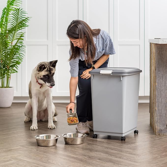 IRIS USA Dog Food Storage Container 54 lbs, 2-Pack with Wheels, Airtight Lid, 2-Cup Scoop, Double Pet Food Storage, Built in Scoop Storage in Lid, Versatile Pet Food Bin, Portable, Gray/Dark Gray
