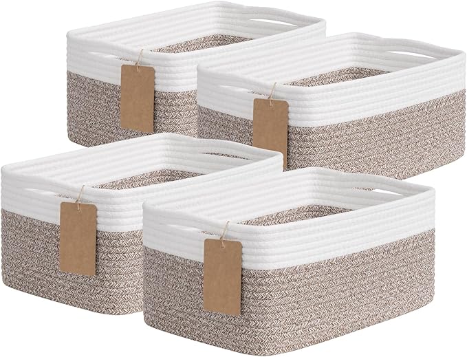 Goodpick 4 Pack Cotton Rope Storage Baskets for Shelves, Brown & White | 13" x 8" x 6", Rectangle, Woven Texture, Baby Toys, Diapers, Nursery Essentials, Decorative Gifts & Home Organization