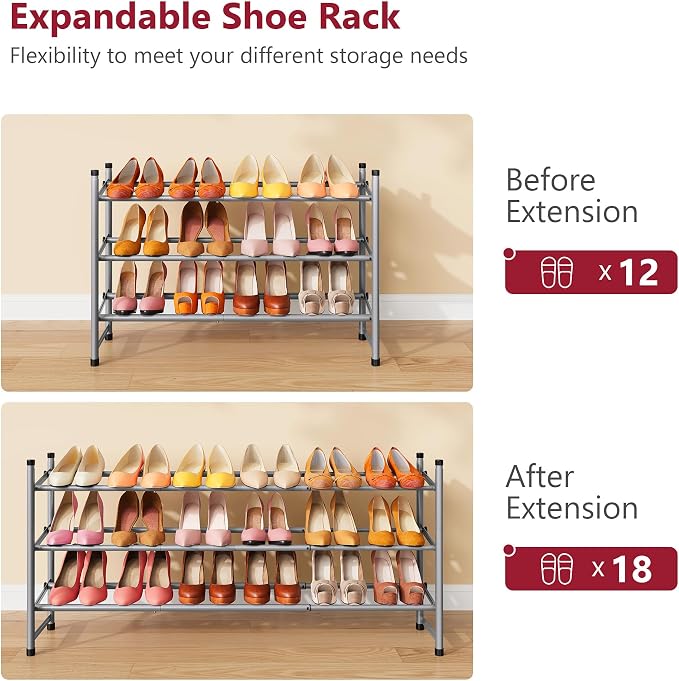 Expandable Shoe Rack for Closet 3 Tier, 28“-41“Stackable, Grey | Adjustable Shoe Organizer Closet Shoe Rack Floor, Metal Shoe Shelf Storage for Entryway, Closet, Garage, Front Door Entrance