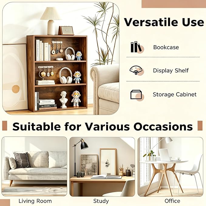 HealSmart 3 Tier Bookcase, Industrial 3 Book Shelf, 9.2" D x 23.8" W x 31.5" H Tall Open Cube Storage Organizer for Home Office, Living Room, Bedroom and Dinning Room, Brown