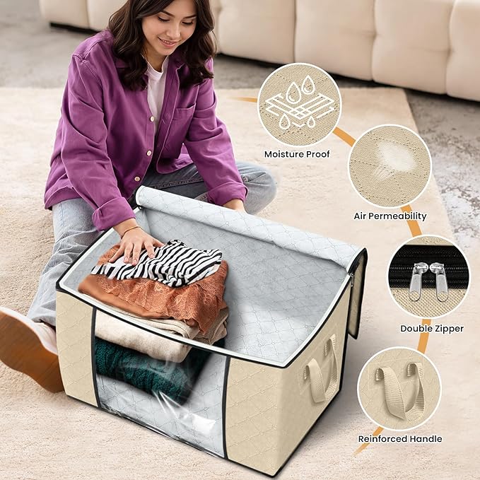 Fab totes 24 Gallons Clothes Storage, Foldable Thick Fabric Blanket Storage Bags, Containers for Organizing Bedroom, Closet, Clothing, Comforter, Organization with Handle (8 Pack,Beige)