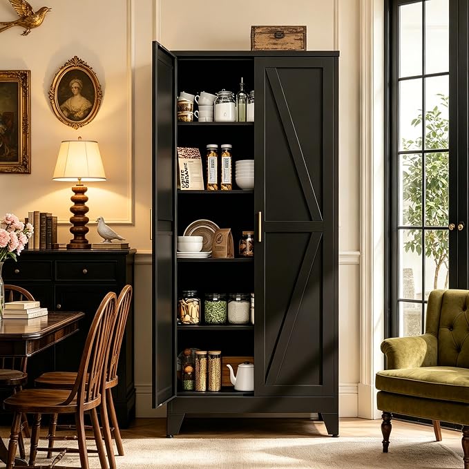 71" H Black Metal Storage Cabinets,Garage Storage Cabinet,Tall Pantry Cabinet with Doors,Kitchen Food Storage Cabinet,Farmhouse Storage Cabinets for Kitchen, Dining Room