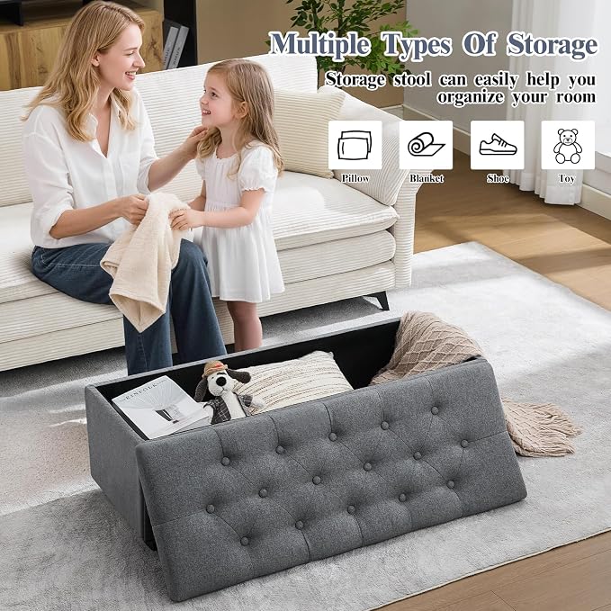 43" Ottoman with Storage and Sturdy Metal Frame, Tufted Upholstered Storage Bench, Modern Footboard Hideaway Chest with Removable Lid and Footrest for Living Room, Entryway (Dark Gray)