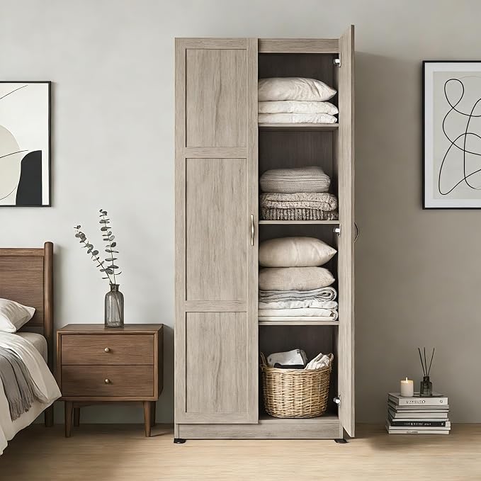 DUMOS Wood Storage Cabinet with Doors and Shelves, Kitchen Pantry Cabinet | 71'' Tall Freestanding Wooden Cabinets for Bedroom, Pantry, Home Office, Dining Room & Living Room, Light oak