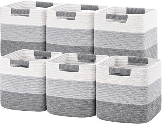11 Inch Storage Cubes, 6 Pack Cube Storage Bins for Organizing, Cotton Rope Woven Baskets for Shelves, Bathroom, Kids Room, Closets, Baby Nursery