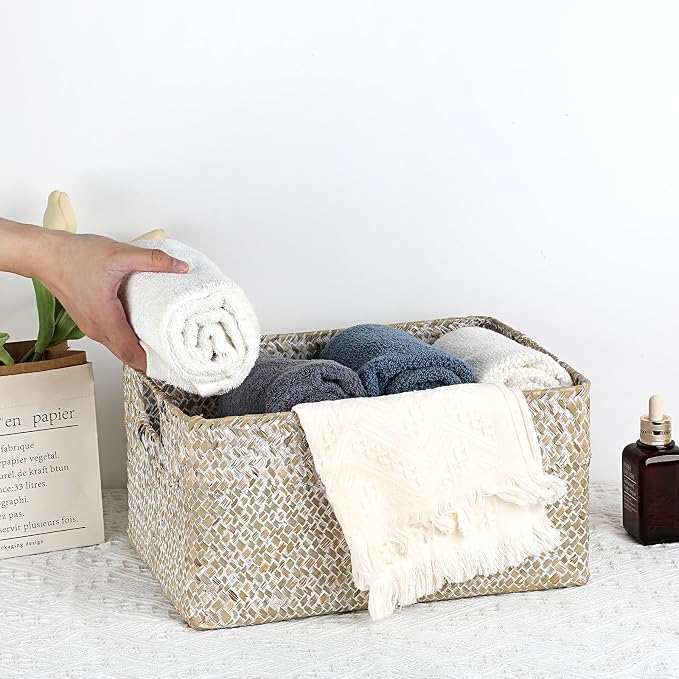 Hipiwe Seagrass Storage Basket Bin Rectangular Handwoven Wicker Storage Box with Handle Opened Baskets for Shelf Organizing Closet Bathroom, 13.3 x 9.8 x 6.7 Inch