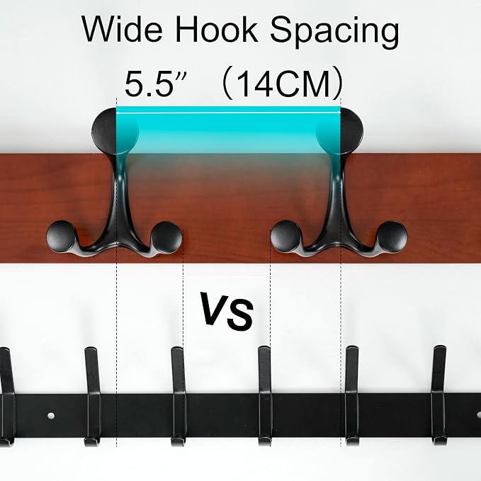 WEBI Coat Rack Wall Mount,43" Solid Wood Coat Hooks Wall Mounted Coat Hanger,16" Hole to Hole,Heavy Duty Hook Rack Rail,8 Triple Hooks for Hanging Coats,Jacket,Clothes,Hat,Backpack,Cherry
