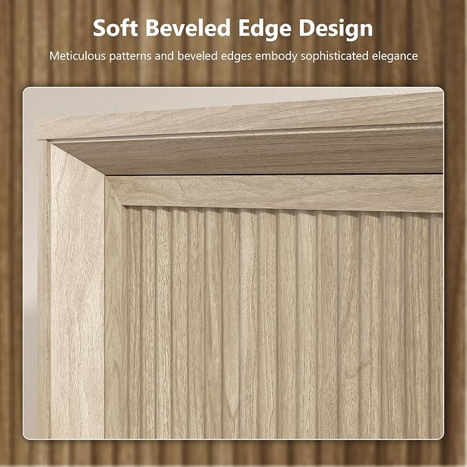 Hlivelood 63” Fluted Sideboard Buffet Cabinet with Storage, Mid Century Modern Wooden Credenza with 4 Doors & Adjustable Shelves, Beveled Edge Storage Cabinet for Kitchen, Living Room (Natural Oak)