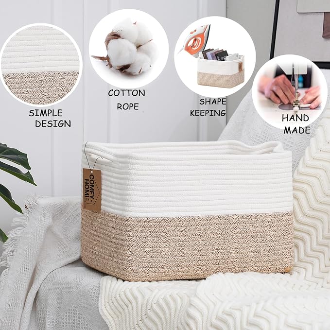 COMFY-HOMI 3PACK Cotton Rope Square Basket with Handles for Shelves| Storage|Baby Basket for GIF|Shoe Basket for Organizing|New13.5" x 11" x 9.5" for Living Room