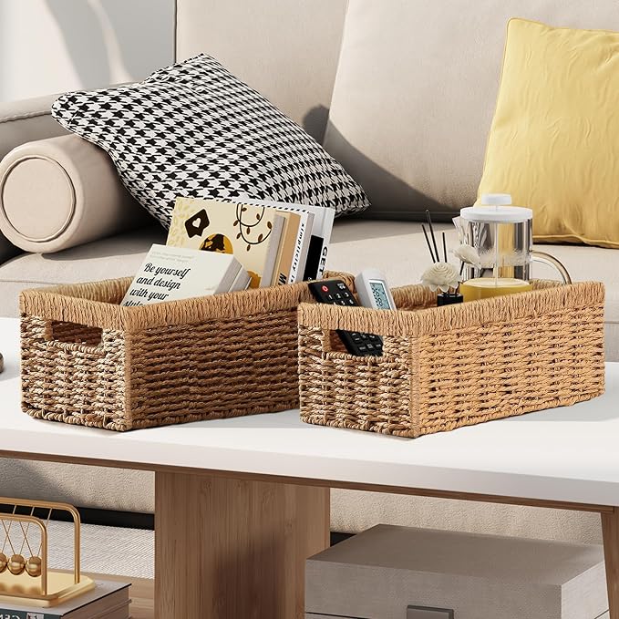 Wicker Storage Basket, Set of 2 Toilet Paper Storage Basket, Paper Rope Toilet Organizer Basket for Countertop, Storage Basket for Over Toilet Shelf, Decorative Storage Bins for Home Decor, Natural