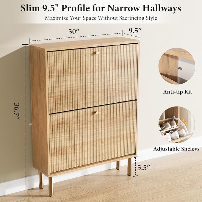 Shoe Storage Cabinet for Entryway - Ultra Slim Shoe Cabinet with Tiered Fluted Design - Modern Shoe Organizer for Entryway with Gold Legs, Hidden Shoe Rack for Small Spaces, Fits Men's Size 13.5
