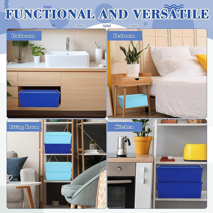 4 Pcs Storage Bins with Lids Plastic Stackable Containers for Classroom Room Organizing Shelves Christmas Ornament Box Baskets(Dark Blue, Light Blue,Large)