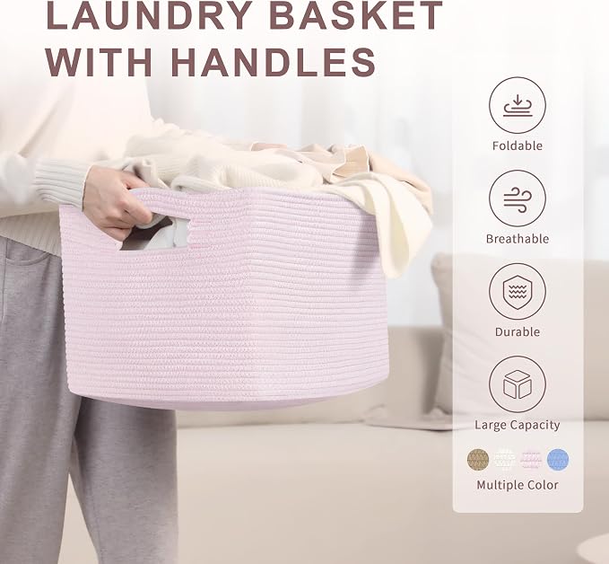 45L Small Woven Laundry Basket Hamper with Handles, Pink | collapsible wicker hamper, storage for dirty clothes, toys, blankets, gifts, living room, bedroom, bathroom, 18"x14"x11"