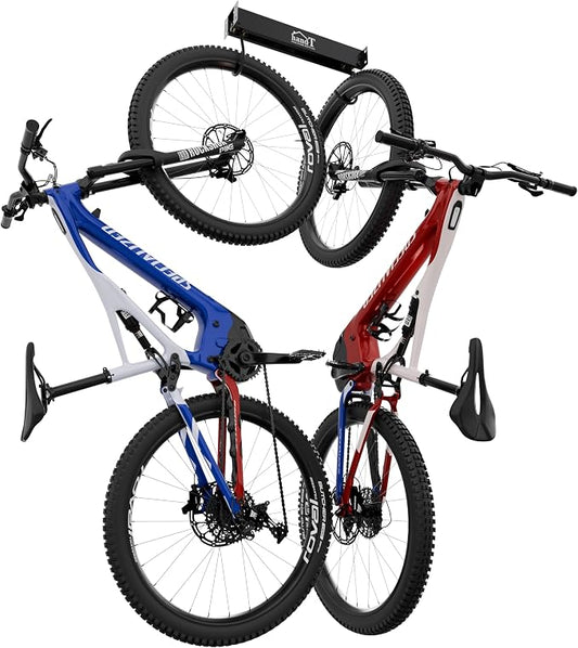 USA Based Ceiling Bike Rack Garage Storage Mount, Bicycle Hanger For Up To 6 Bikes, Sliding 51" Heavy Duty Hook Racks With Padded Hanging Mounts, Hooks Hangers (Black, 1 Rail - 2 Hooks)
