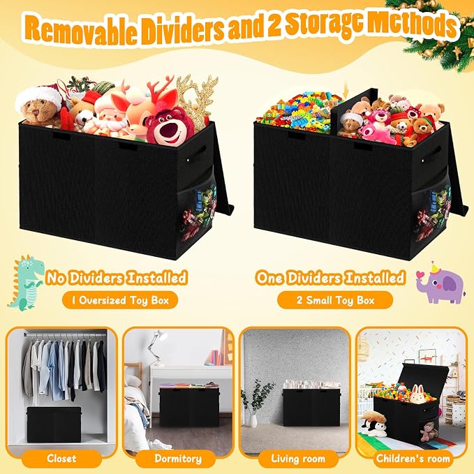 Large Toy Storage Box with Lid, Dividers, Collapsible Kids Toy Chest, Black | Toy Box for Boys, Girls, Nursery, Bedroom, Living Room, Playroom, 25 x 13 x 16 inches