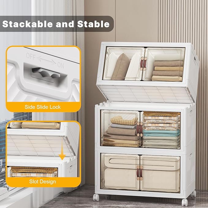 UAMFURI Stackable Storage Bins, 336QT Collapsible Drawers with 1 Lid | Large Capacity, Magnetic Door, Stack Lock, Rolling Wheels, Foldable Design, Organizers and Storage for Bedroom Dorm Garage