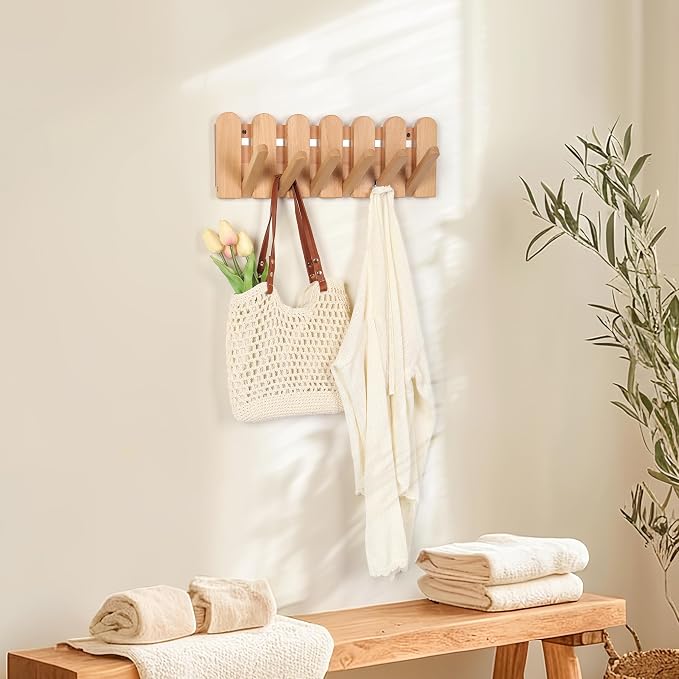 Wooden Boho Wall Mount Coat Rack 6 Hooks 16.8'' | Entryway Hanger with Magnetic Foldable Hooks Mounted, Space Saving for Hanging Jacket Bag for Apartments & Modern Homes