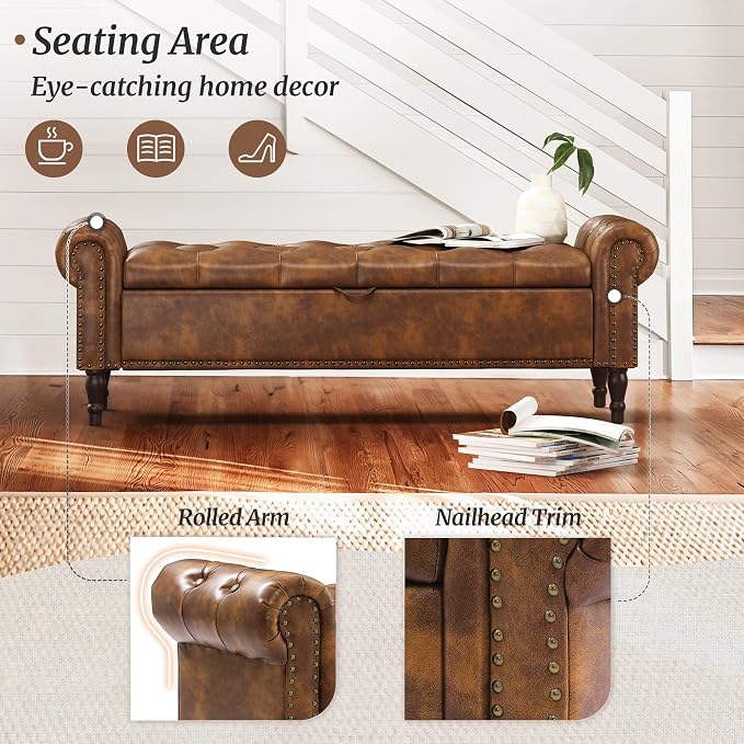 Storage Bench Ottoman, 61" Faux Leather Rolled Arm Bedroom End of Bed Bench, Window Bench with Button Tufted and Nailhead Trim for Foot of Bed Bench, Bedroom, Entryway, King Size, Brown
