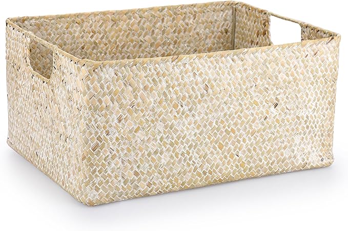 Hipiwe Wicker Shelf Baskets Seagrass Storage Opened Baskets Bin with Handle | Rectangular Closet Bedroom Basket Organizer Box, Multipurpose Woven Basket Home Organizer, Whitewash 14.6"x 10.6" x 7.1"