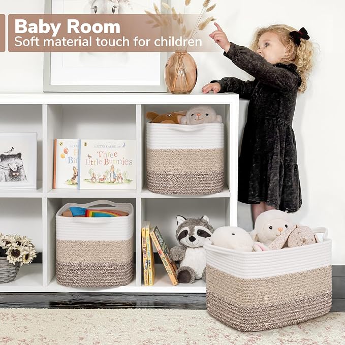 Goodpick Woven Storage Basket for Shelves, 13" x 10" x 9", Gradient Brown | Rectangle Design, Books, Dog Toys & Towels Storage, Shelf & Closet Organization, Reinforced Handles, Stylish Home Decor