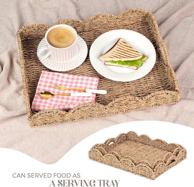 Scalloped Seagrass Tray, Hand-Woven Wicker Storage Baskets with Scalloped Edge and Handles (17x13x3in) Rectangular Handwoven Trays, Seagrass Basket for with Built-in Handles