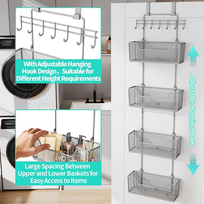 HapiRm Over The Door Organizer - Hanging Door Organizer with 4 Metal Large Capacity Baskets and Adjustable Coat Hook for Bathroom Bedroom Kitchen Pantry Closet Cabinet