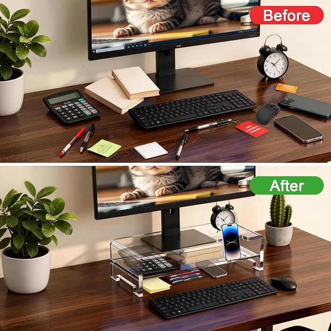 Acrylic Monitor Stand Riser Clear Laptop Stand 2-Tier L16 xW7.5 xH4.7 | Computer Monitor Stand Laptop Riser with Storage, Compatible with All Notebooks and Monitors, Desk Organizer for Home Office