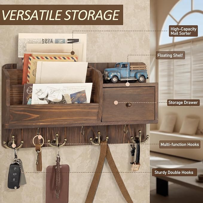 Rebee Vision Pine Wood Key Holder Wall Mount with Mail Sorter, Retro Brown | Mail and Key Organizer for Wall, 7 Key Hooks, Drawer Organizer, Store Envelopes, Mail Organizer for Wall, Ideal for Entryway