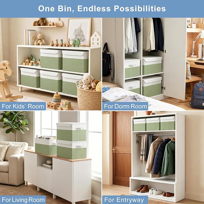 Large 17" 42 Quarts Collapsible Stackable Storage Bins with Lids [3-Pack] Foldable Fabric Linen Storage Boxes Cube, Closet Organizer Baskets with Label for Home (16.7 x 12 x 12", Green & White)