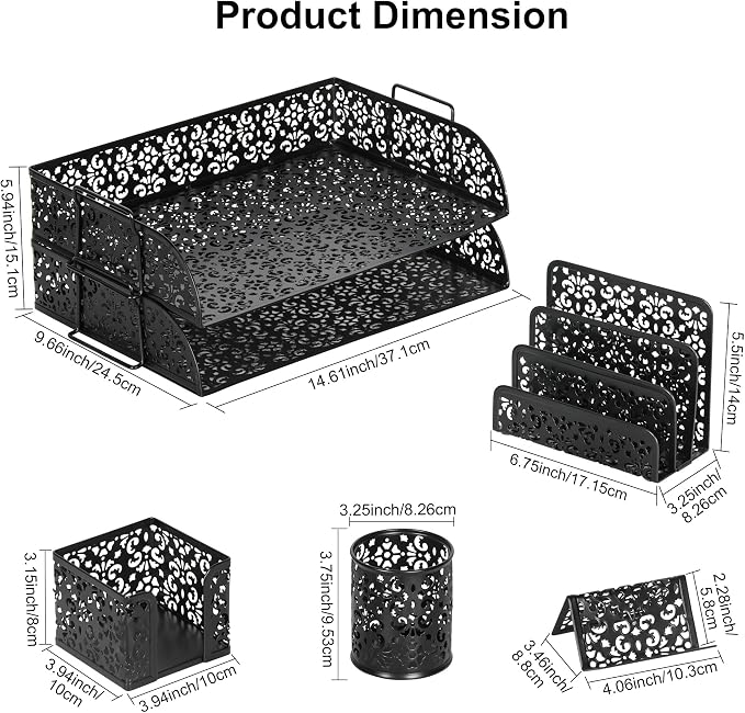 EasyPAG Desk Organizers and Accessories 5 Pieces Office Supplies Set - 2 Tier Paper Tray, Pencil Organizer for Desk, Mail Sorter Countertop, Business Card Holder and Sticky Note Holder, Black