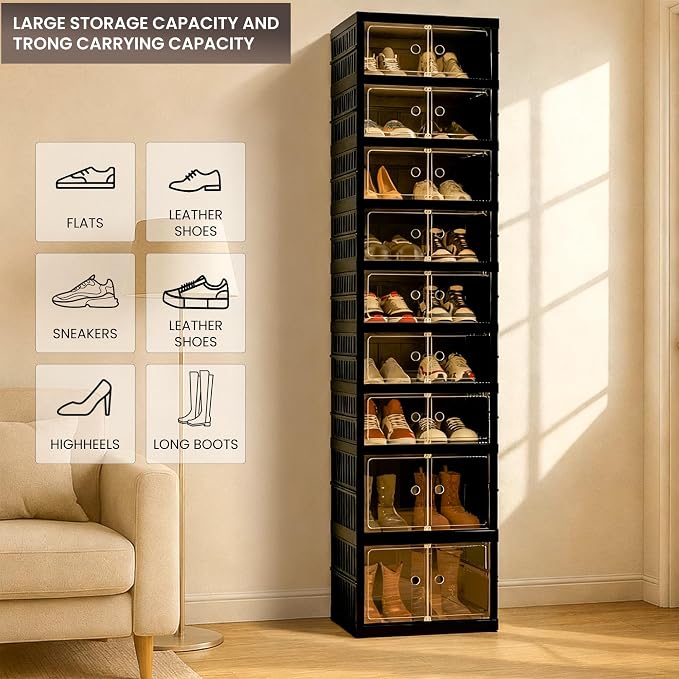 Foldable Shoe Organizer Storage Box Set of 4, Portable Extra Large Folding Shoe Rack for Closet, Shoe Storage Box with Magnetic Transparent Door and Wheels, 9 Layers 18 Grids with 4 Big Grids