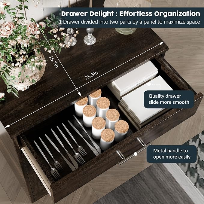 Kitchen Buffet Sideboard Cabinet, Wooden Storage Cabinet with 2 Doors and 1 Drawers, Adjustable Shelf, Modern Farmhouse Coffee Bar Cabinet with Storage for Kitchen, Rustic Brown