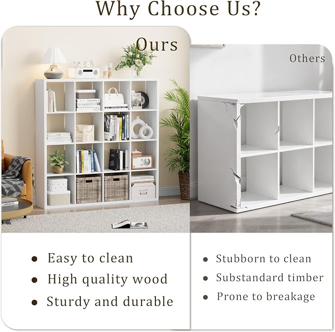 VDNEND Cube Storage Organizer Bookcase, Decorative 11 inch Open Back Cubical Shelf with Thickened Border, Display Bookshelf for Living Room, Home Office, Sturdy Room (White, 16 Cube)