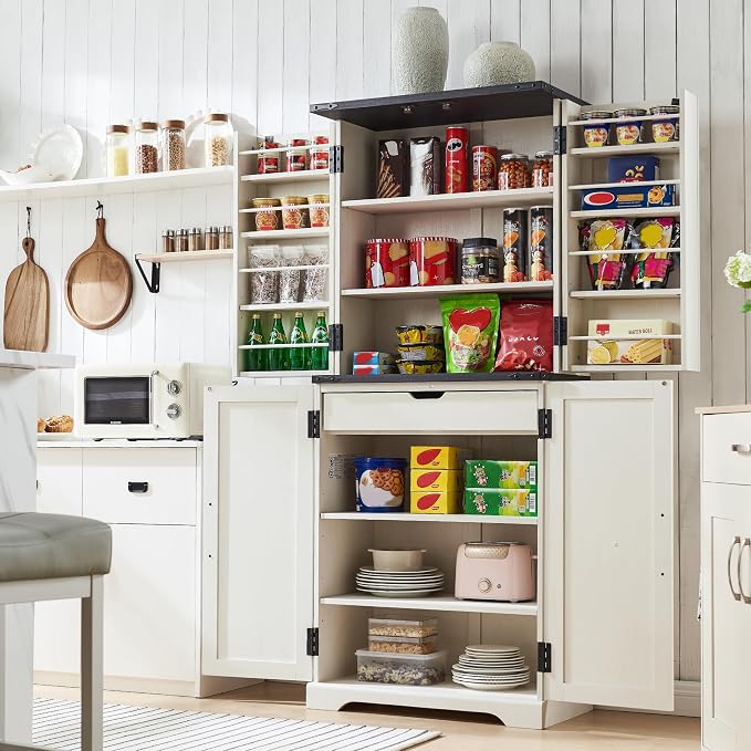 72" Tall Wooden Pantry Storage Cabinet with Door Shelves & Drawer | Farmhouse, Barn Doors, Adjustable Shelves, Freestanding, Anti-tip Kit, for Kitchen, Dining Room, Living Room