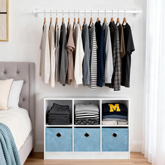 SUPER DEAL 6 Cube Storage Organizer 2 Tier Bookshelf with 3 Bins 3 x 2 Wood Open Shelf Cubby Bookshelves System Wide Toy Cabinet for Bedroom Living Room Kids, White/Light Blue 31.5 in Wide