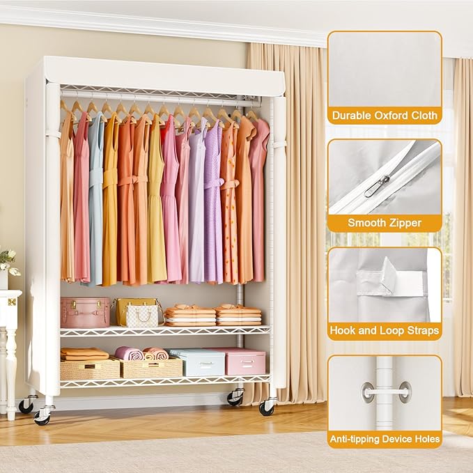 P6C Plus Rolling Clothes Rack with Cover, Covered Clothing Rack | Portable Closets for Hanging Clothes, Heavy Duty Garment Rack on Wheels, White Closet Rack with White Cover, Max Load 375LBS