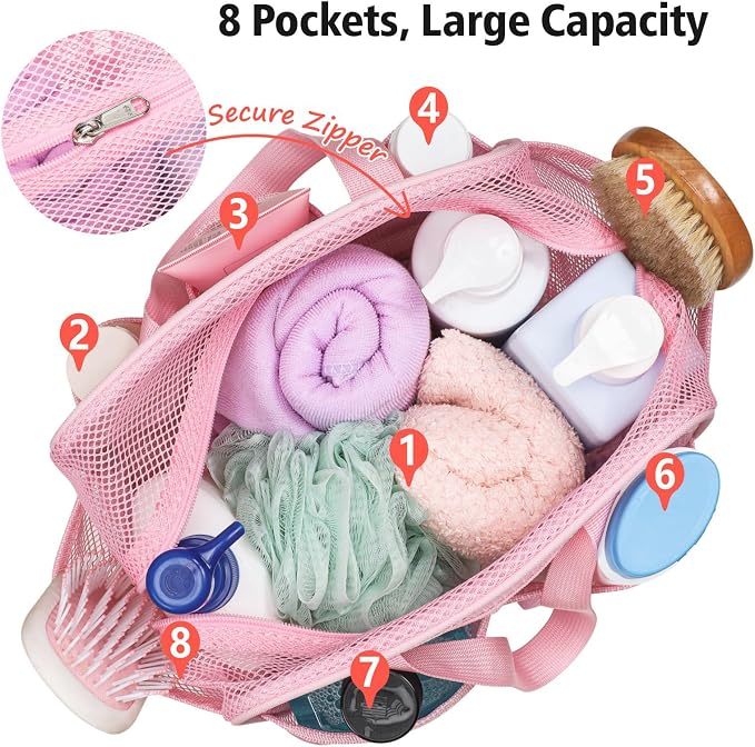 Mesh Shower Caddy Portable with Zipper - 2-Handle Shower Bag for Dorm | 8 Deep Pockets, S-Hook, Quick-Dry Mesh, College Dorm Room Essentials for Girls, Camping, Gym, Travel & Bathroom, Pink