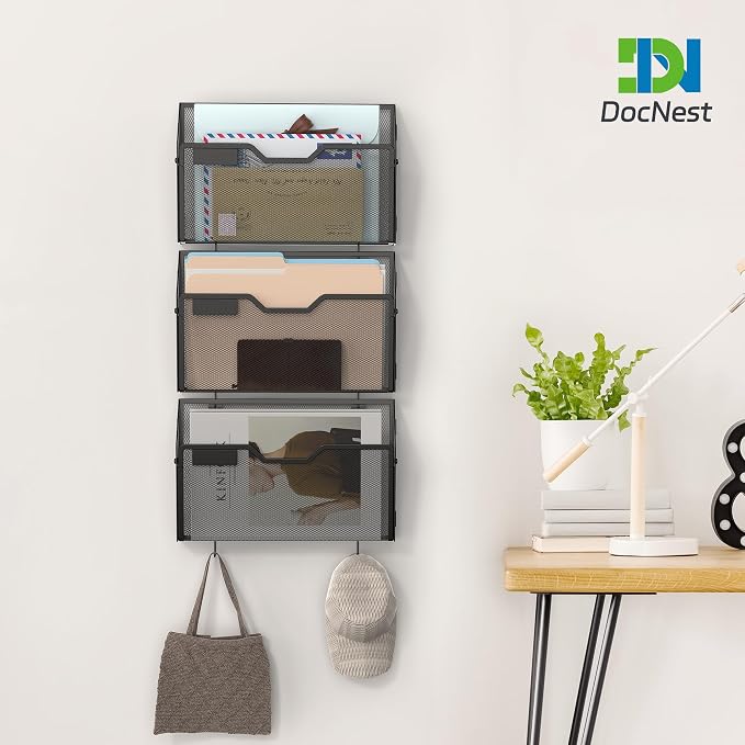 Docnest 3 Pack Mesh Wall File Holders with Hooks for Mail, Black | Space-saving vertical design with utility hooks. Ideal paper document organizer for office, home, and school