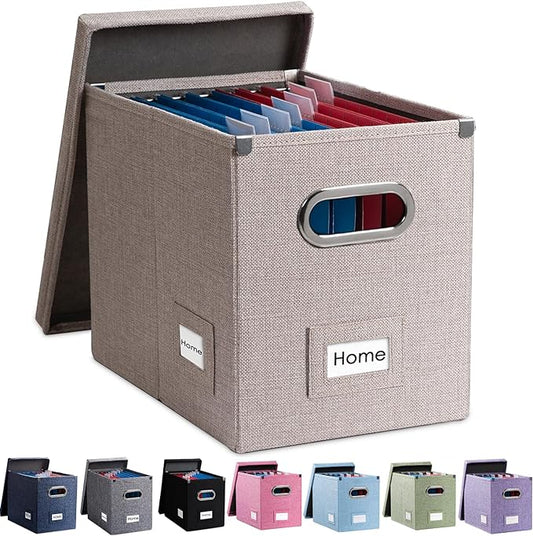 File Organizer Box - Set of 1 Collapsible Decorative Linen Filing Storage Hanging File Folders with Lids Office Cabinet Letter Size Light Grey (14x9.3x10.8 inch)