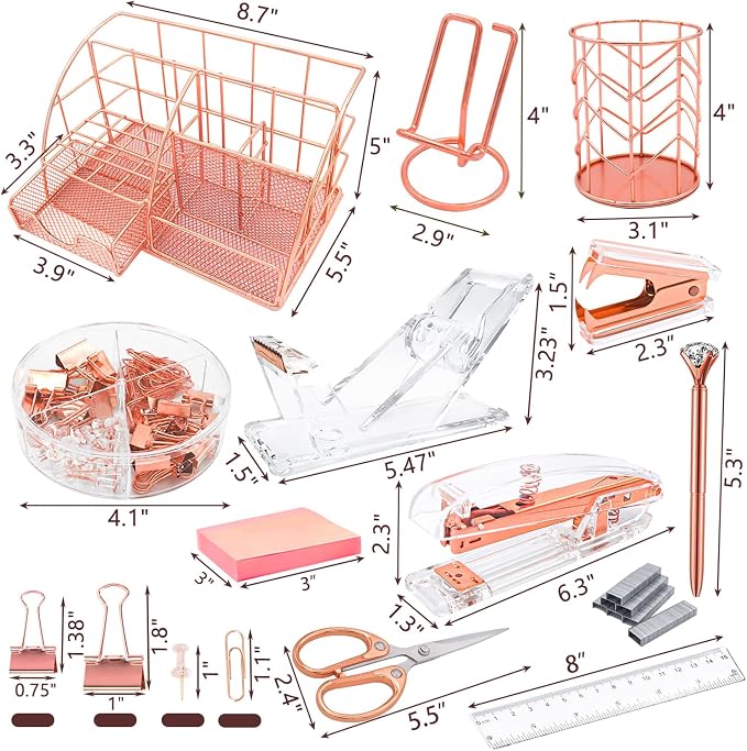 Rose Gold Desk Organizers and Accessories,Office Supplies Set,13PS Set with Acrylic Stapler,Tape Dispenser,Staple Remover,Pen Holder,Clips,Scissor, Phone Holder,Pen