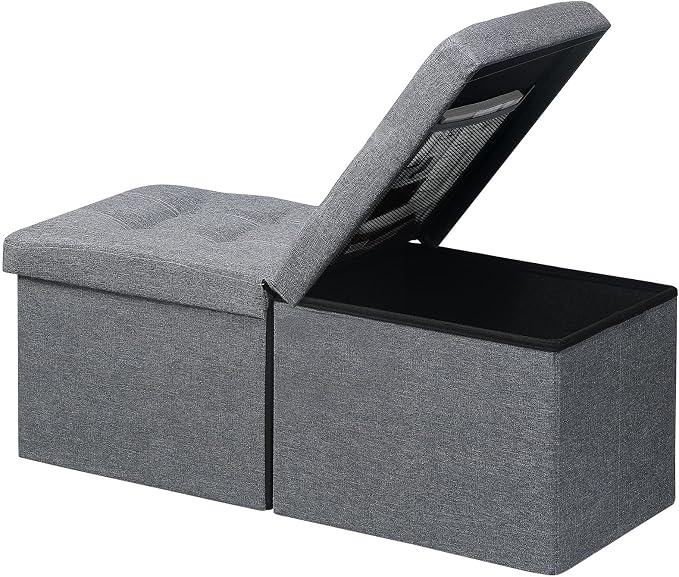 AmasSmile Footrest Ottoman Storage Bench, 34" Linen Folding Stool, Gray | Large Ottoman with Storage, Thicker Foam Padded Seat, Livingroom, Dorm, Bedroom, Entryway, Easy to install,34 x 13 x 13in