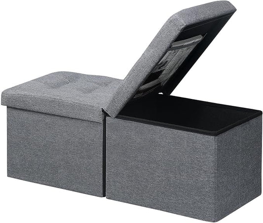 AmasSmile Footrest Ottoman Storage Bench, 34" Linen Folding Stool, Gray | Large Ottoman with Storage, Thicker Foam Padded Seat, Livingroom, Dorm, Bedroom, Entryway, Easy to install,34 x 13 x 13in